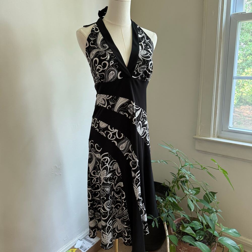 Y2K Vintage Neu Look Black and White Paisley Halter Midi Dress Size 10